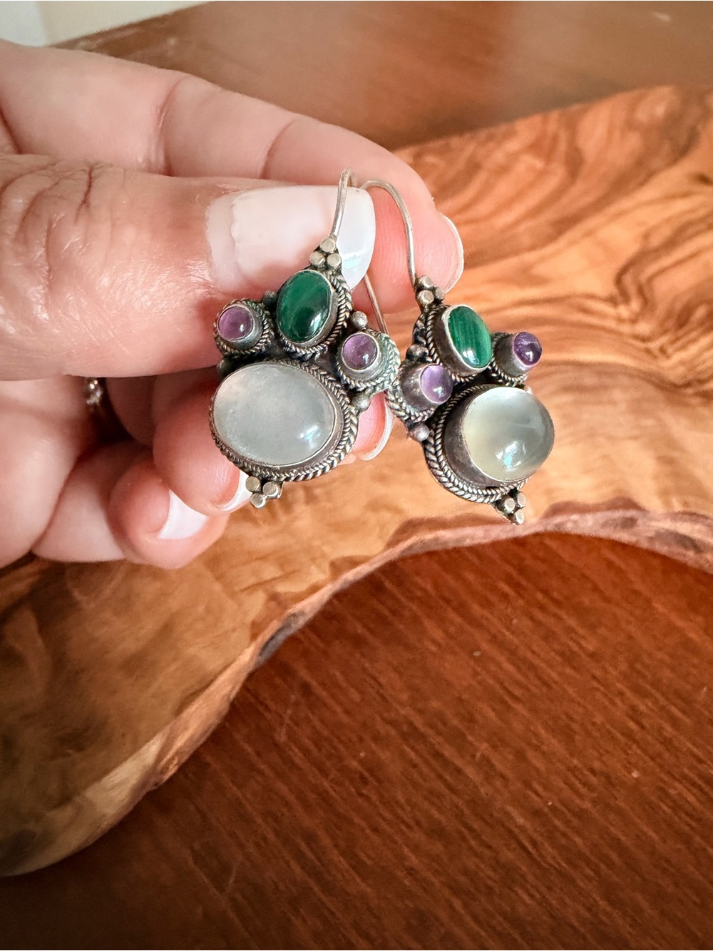 Source Unknown Silver Moonstone, Malachite & Amethyst Drop Earrings
